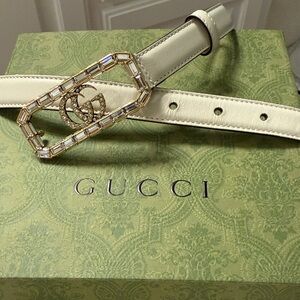 Gucci Blondie Cream Belt with Crystal Double G Buckle